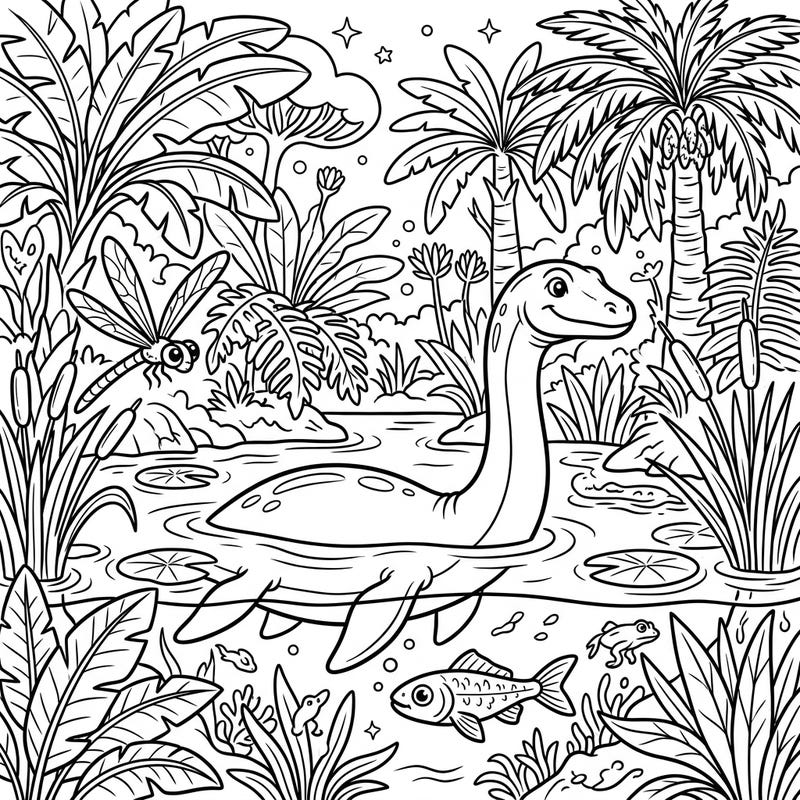 Immerse yourself in the tranquility of a bygone era with this captivating prehistoric swamp coloring page, perfect for seniors. Featuring a gentle aquatic dinosaur and lush scenery, it offers a peaceful and engaging artistic escape.