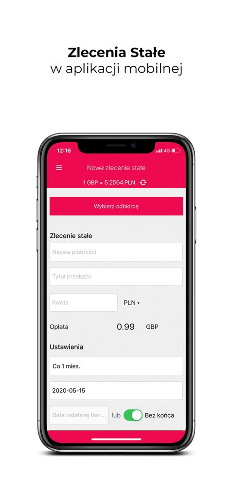 Benutzeroberfläche der mobilen App zum Einrichten einer wiederkehrenden Geldüberweisung von GBP nach PLN in der Sami Swoi App