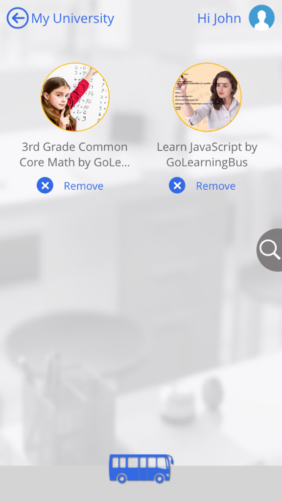 Learn Engineering Math by GoLearningBus - Interface of GoLearningBus app showing the My University dashboard with math and javascript courses
