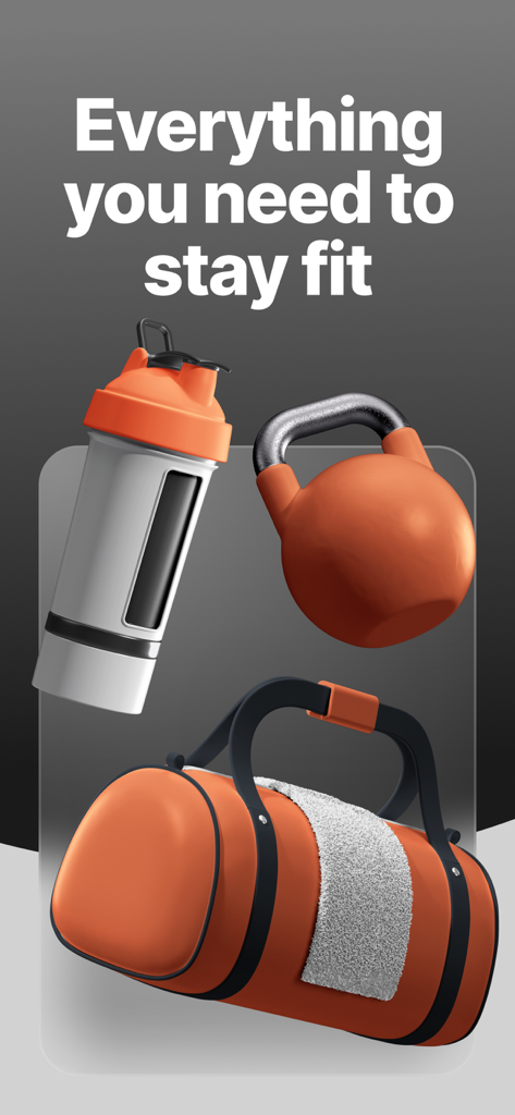 Gym Tracker simple workout log - Ilustraciones minimalistas en 3D de una coctelera y una bolsa de gimnasio con el texto Todo lo que necesitas para mantenerte en forma.