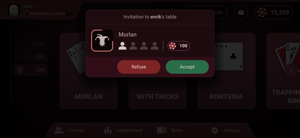 A mobile app screenshot showing an invitation to a Murlan card game table with options to refuse or accept.