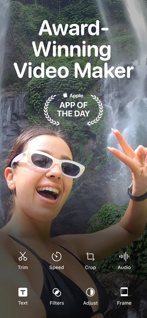 Vixer: AI Video Editor & Maker - Vixer app screenshot showing an award-winning video editor interface with a creator editing a vacation video featuring a waterfall.