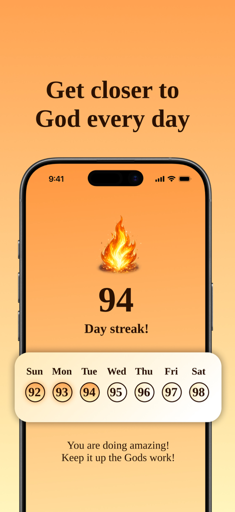 A smartphone screen showing a 94 day streak in the Bible Pause app with a flame icon and a weekly progress calendar.