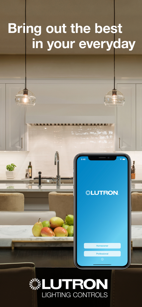 Lutron App - A smartphone displaying the Lutron app interface in a modern luxury kitchen with designer lighting