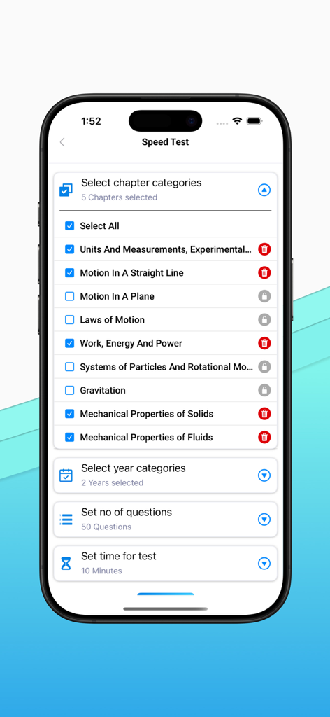 NEETPrep: Papers & Mock Tests - Interfaz de la aplicación NEETPrep que muestra la configuración de la prueba de velocidad para capítulos de física