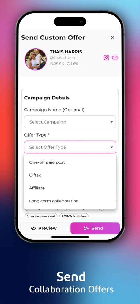 Jem: Turn Content Into Cash - Mobile screen showing how to send custom influencer collaboration offers including options for paid posts or gifting in the Jem Social app