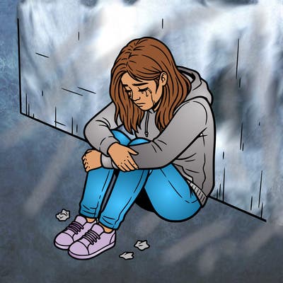 realistic teen girl crying alone, sitting against the wall
