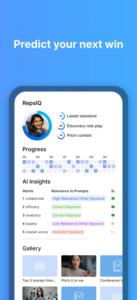 Reps App-Oberfläche mit Benutzer-Bereitschafts-Scores, einer Aktivitäts-Fortschrittskarte und KI-gestützten Keyword-Einblicken für Vertriebstraining.