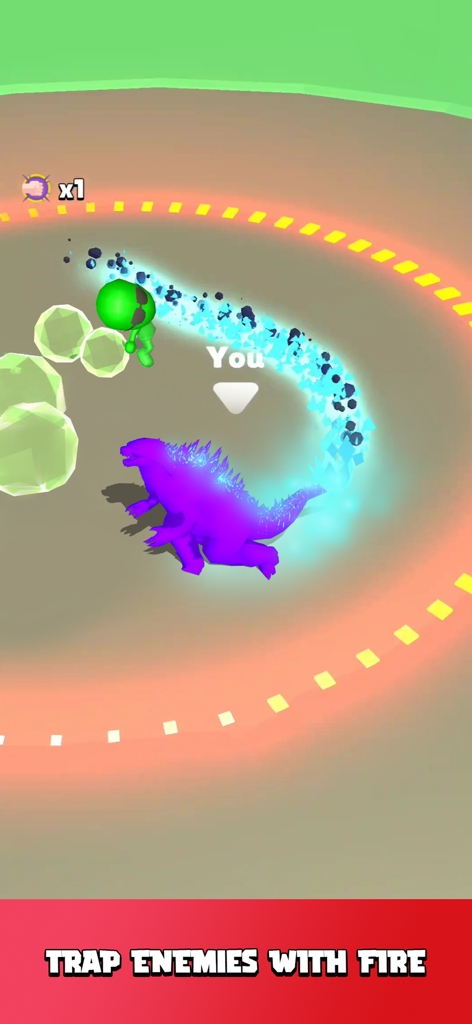 Fire Arena - King of Monsters - Gameplay of Fire Arena showing a purple monster character trapping enemies with a fire trail in an arena.