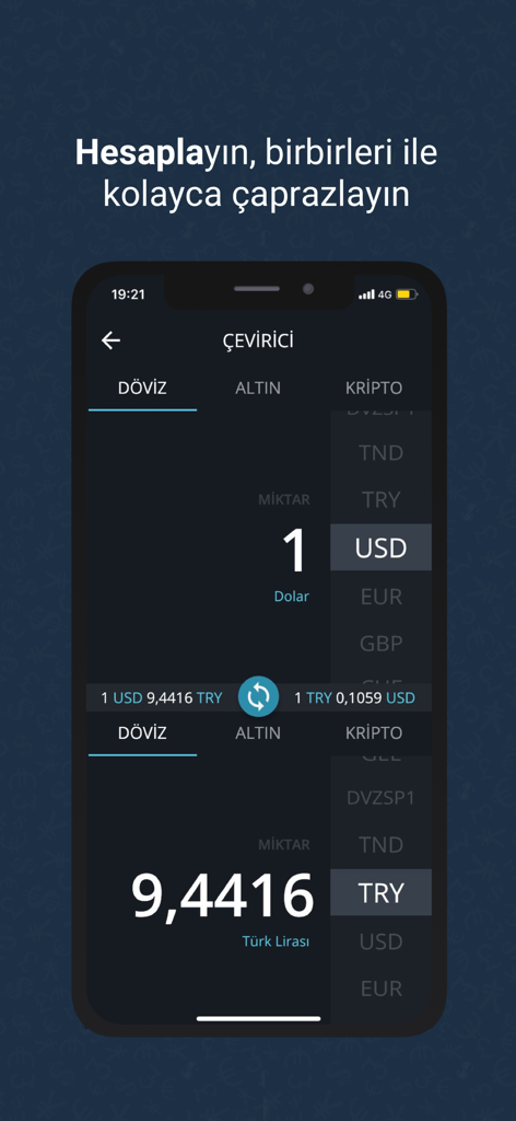 Döviz App - Canlı Altın, Borsa - Doviz App interface showing a currency converter from US Dollar to Turkish Lira with live exchange rates