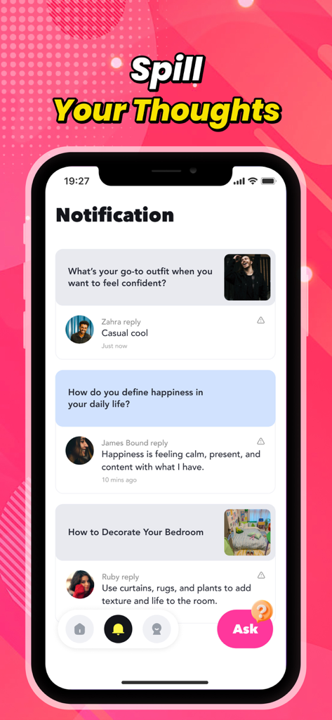 Mellow app notification screen showing community questions and answers about life and lifestyle