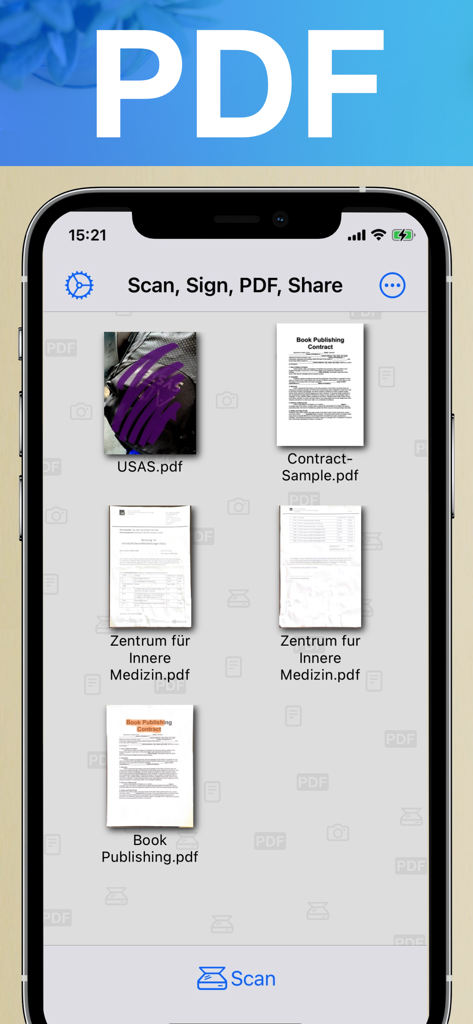 Interface of the AI Document Scanner app showing a collection of scanned PDF documents and contracts organized on an iPhone screen.