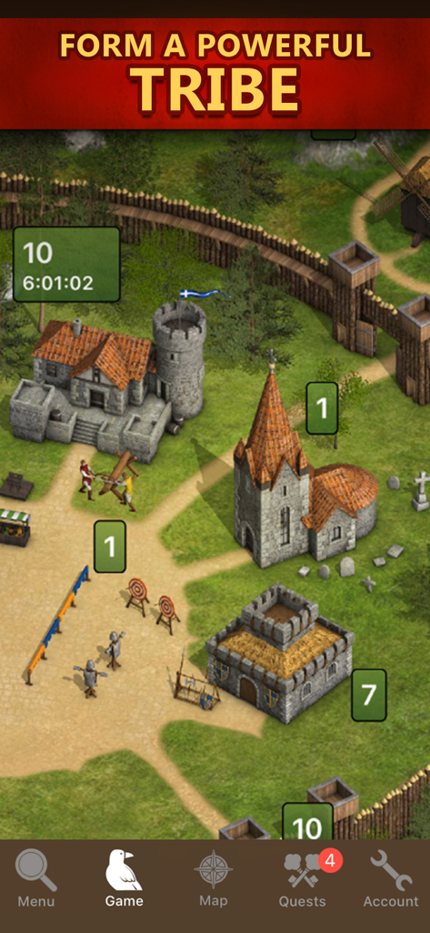 Tribal Wars - A medieval village view in the Tribal Wars app featuring a church barracks and fortification walls