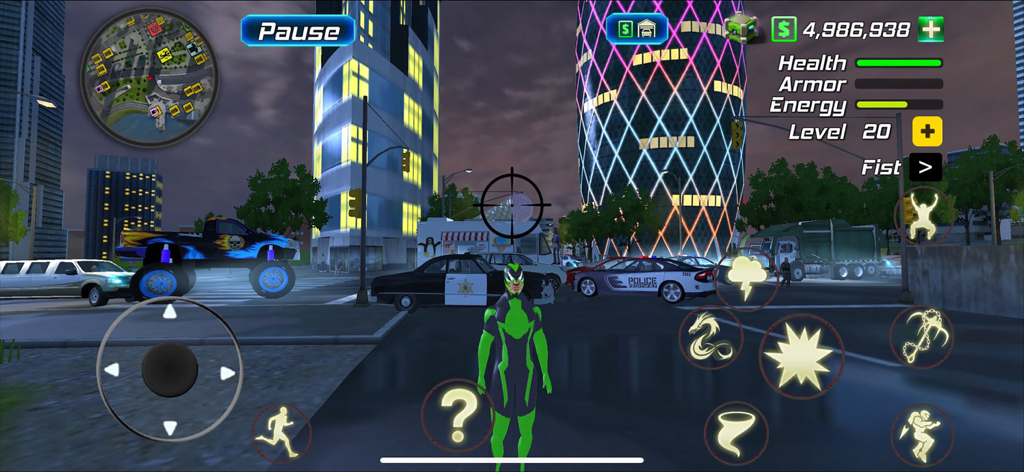 Amazing Rope Police - Increíble policía de cuerda, superhéroe parado en una calle de la ciudad con coches y controles del juego