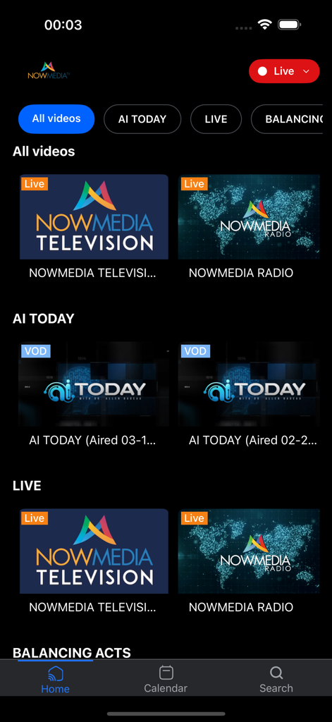 NowMedia Television app home screen with live news and on demand video options