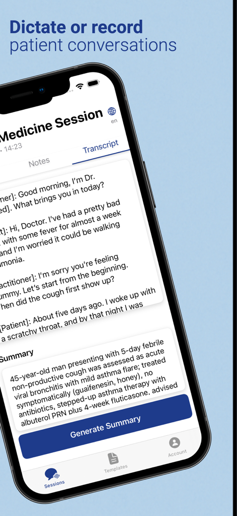 Docscribe - AI Medical Scribe - Una captura de pantalla de la aplicación Docscribe que muestra la transcripción de la conversación de un paciente y un resumen clínico generado por IA en un iPhone.