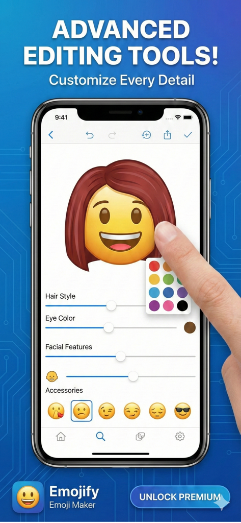 Emojify – Emoji Maker - Un usuario personalizando el peinado y el color de ojos de un emoji usando la interfaz de la aplicación Emojify.