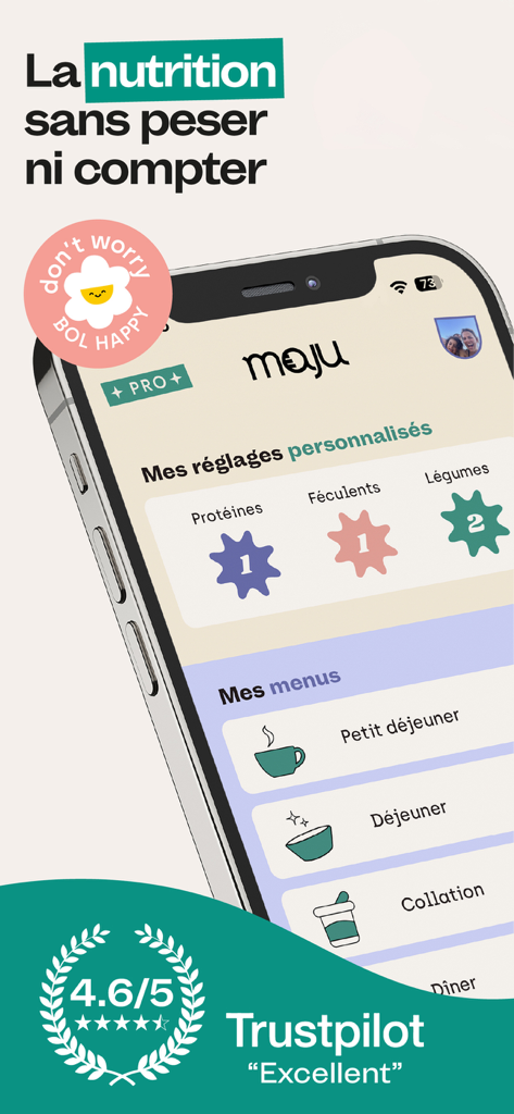 Maju mobile app interface with personalized portion settings and meal plan