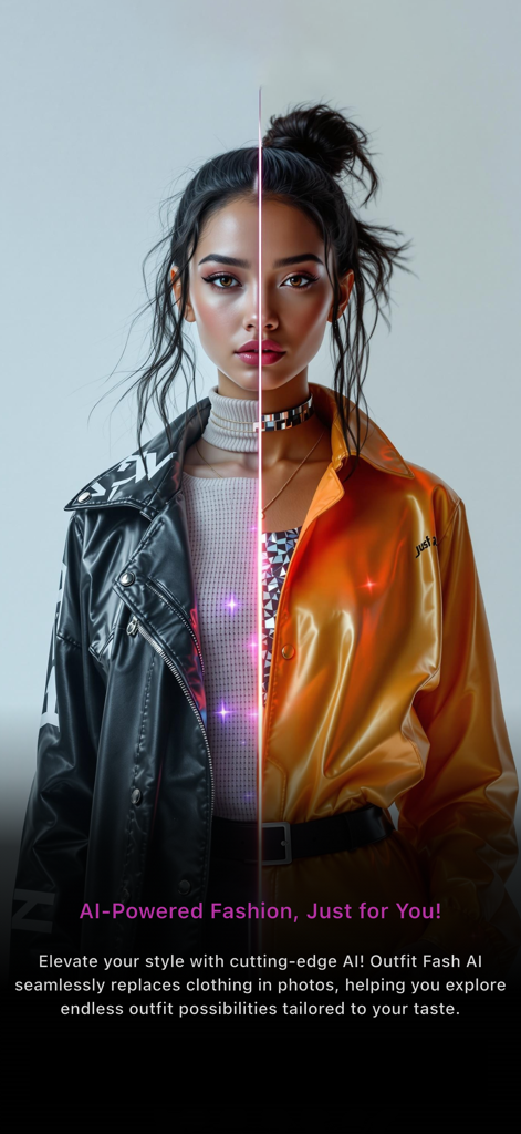 Outfit Fashn AI - A split-screen demonstration of AI-powered clothing swap showing a woman in a black leather jacket and an orange jacket.