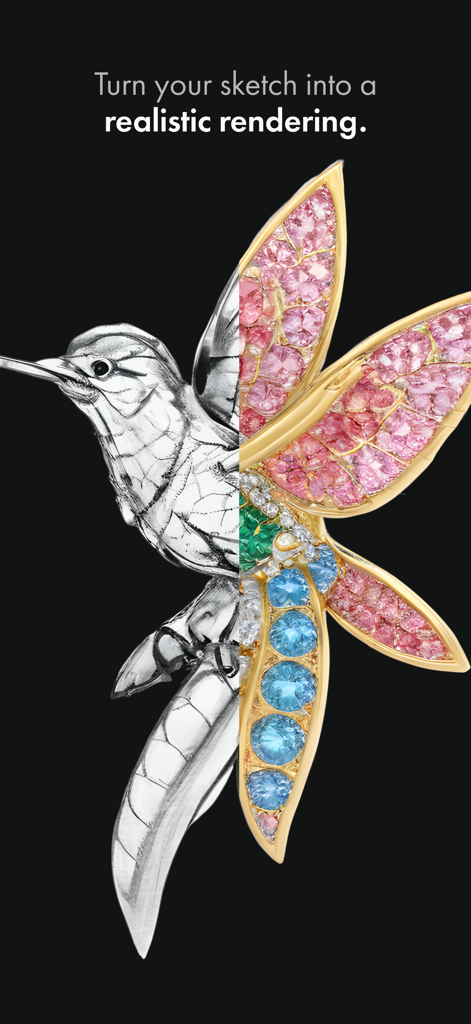 Split view showing a hummingbird jewelry sketch transforming into a photorealistic rendering with gold and gemstones.