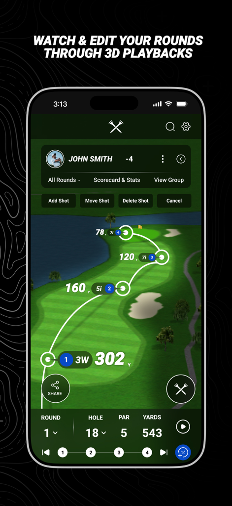 Blue Tees GAME: AI Golf GPS - Uno smartphone che mostra una visualizzazione 3D di un round di golf con tracciamento dei colpi e distanze su una mappa verde del campo.