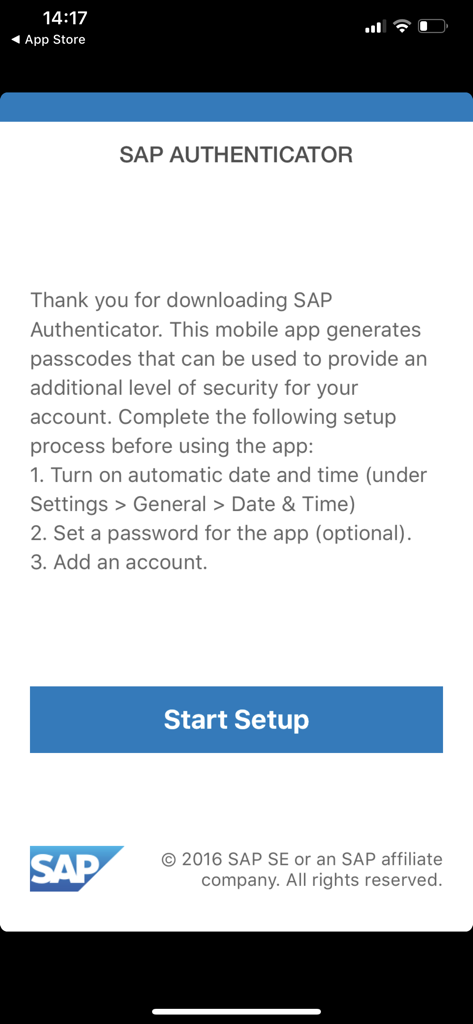 The initial setup screen of the SAP Authenticator app with instructions and a start setup button