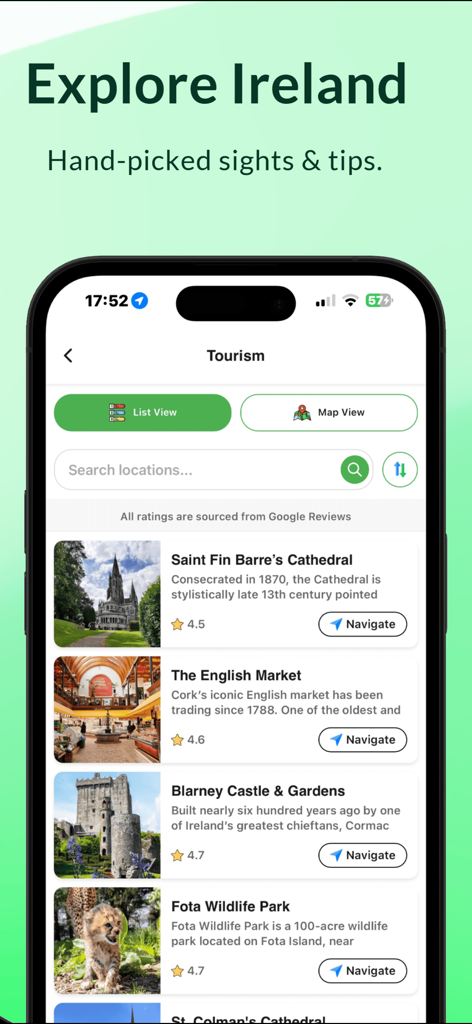 Captura de pantalla de la aplicación Infofinder Ireland que muestra una lista de atracciones turísticas seleccionadas a mano con fotos y enlaces de navegación.