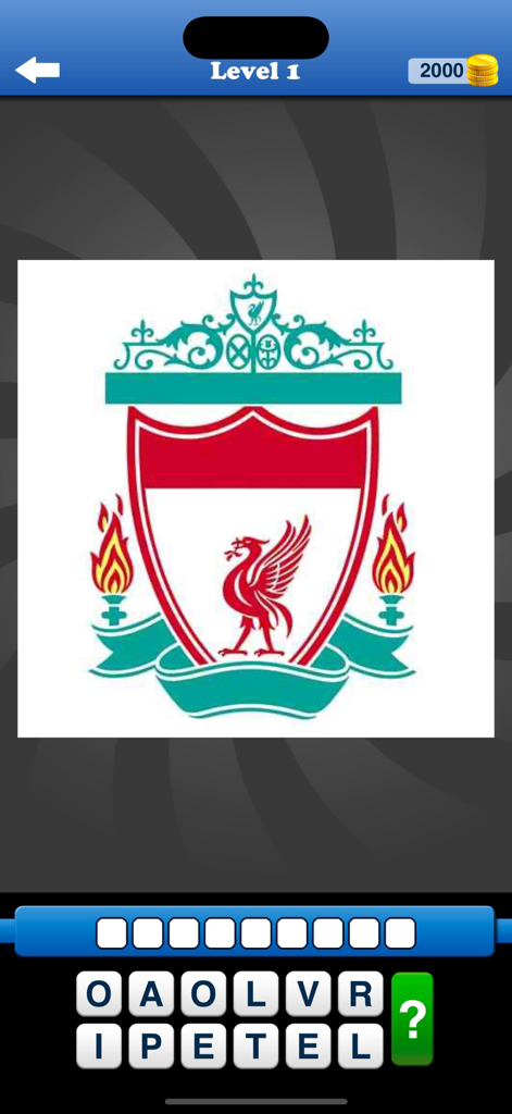 Whats the Badge? Football Quiz - Level 1 of the football badge quiz game showing the Liverpool FC crest and letter choices.