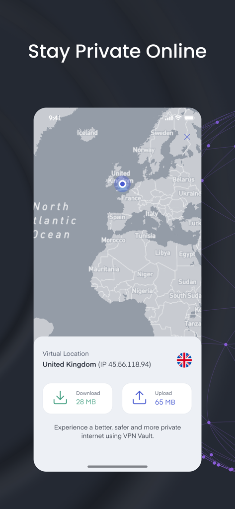 VPN Vault - Super Proxy App - VPN Vault app interface showing a secure connection to a United Kingdom server with upload and download speed metrics