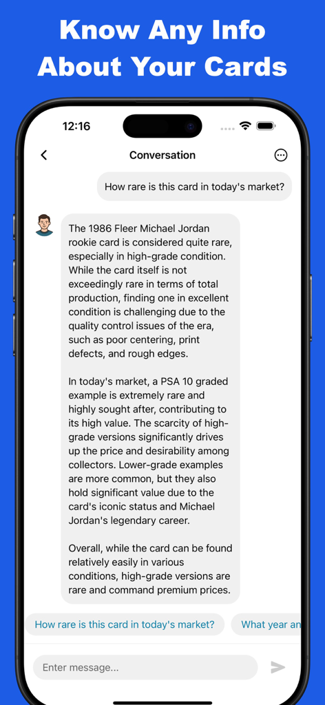 Sports Card Scanner - TCG Scan - AI assistant providing detailed rarity and market value information for a Michael Jordan rookie card in the Sports Card Scanner app