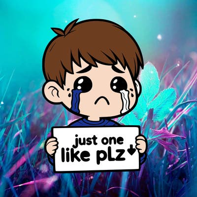 realistic crying boy with a sign saying just one like plz