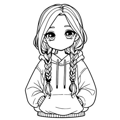 a realistic girl with a oversized hoodie and she has braids
