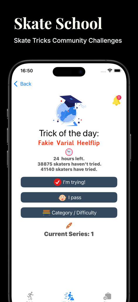 La interfaz de Skate School que muestra el desafío diario de truco Fakie Varial Heelflip en la aplicación Skate Tricks