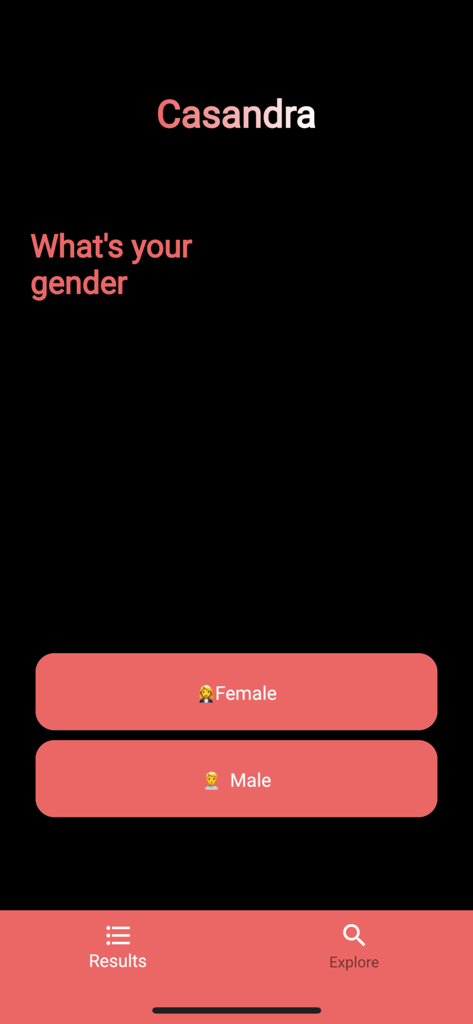 Casandra - Écran d'accueil de l'application Casandra demandant le genre de l'utilisateur avec des boutons de sélection Homme et Femme