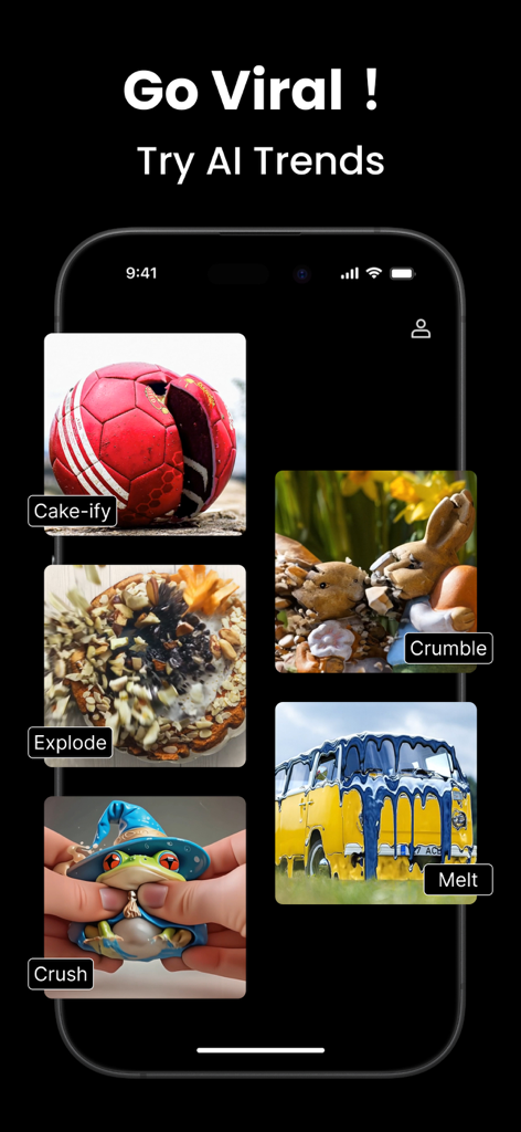 A display of viral AI effects including cake-ify, crumble, explode, melt, and crush