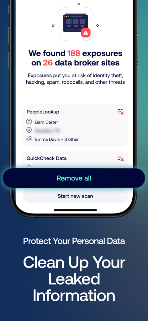 Robokiller app screen displaying found personal data exposures and a remove all button to protect private information