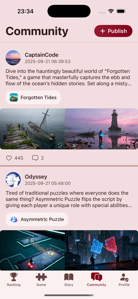 ZylithixVexora-Quorvum - Community feed of the gaming app showing user posts and game reviews.