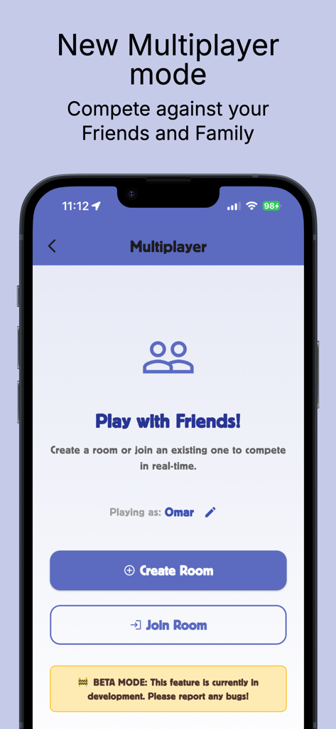 Quran Memory Game - Quran Memory Game multiplayer screen with buttons to create or join a room