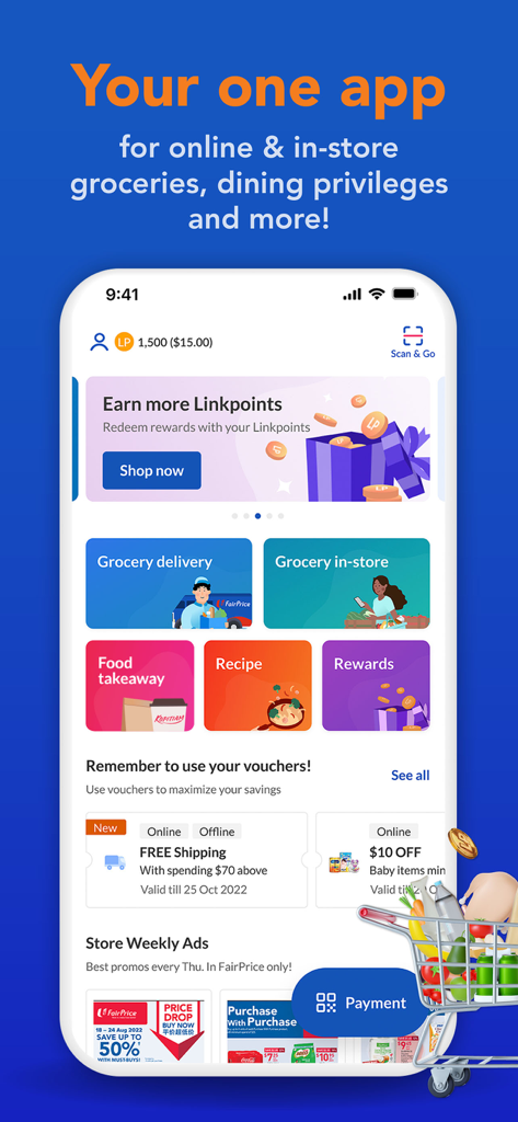 FairPrice Group - FairPrice Group app home screen showing grocery delivery and reward features