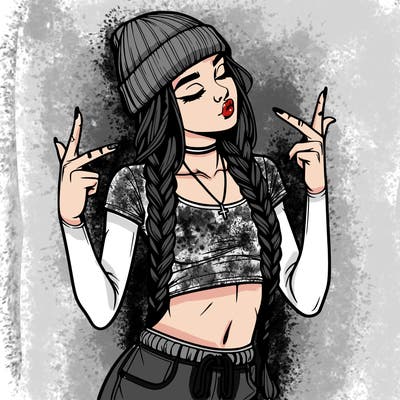 realistic teenage girl with braids and a beanie and crop top doing 🫶🏼