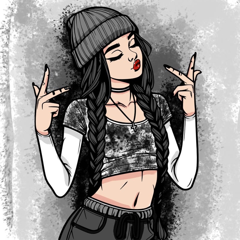realistic teenage girl with braids and a beanie and crop top doing 🫶🏼