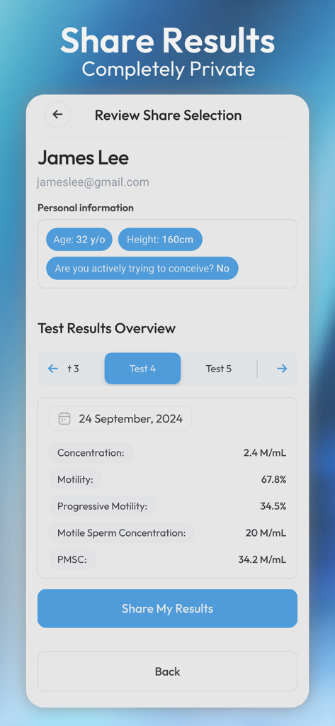 YO Home Sperm Test - YO Home Sperm Test app interface showing a summary of fertility test results and the option to share them privately.