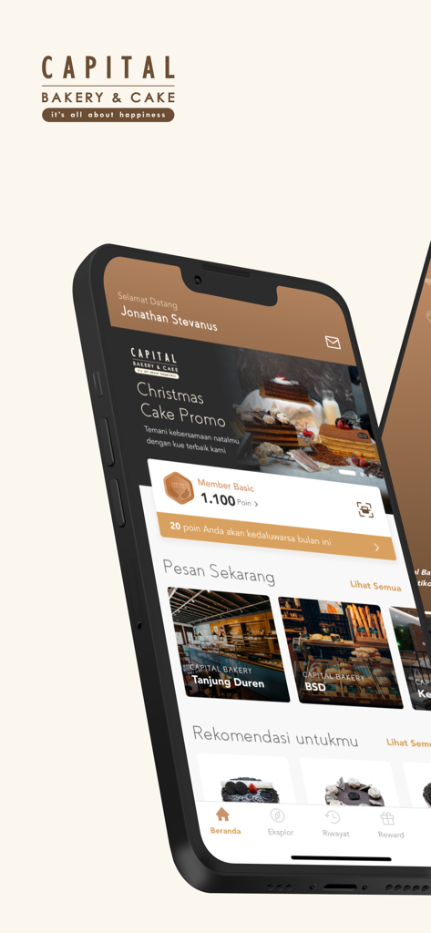 Capital Bakery - Capital Bakery and Cake mobile app interface showing loyalty points and seasonal cake promotions