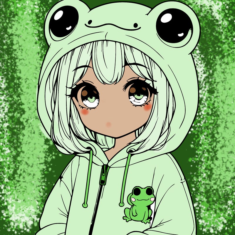 cute realistic girl in a froggy hoodie