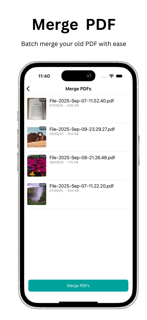 PDF Maker & Converter - PDFAPP - Mobile app interface for merging multiple PDF documents on iPhone