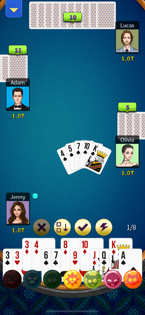 Big 2 Offline - KK Pusoy Dos - Gameplay screen of Big 2 Offline Pusoy Dos showing a four player card match with avatars and hand rankings.