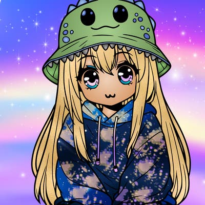 girl with anime shaped eyes with a dinosaur bucket hat oversized sweatshirt long straight hair