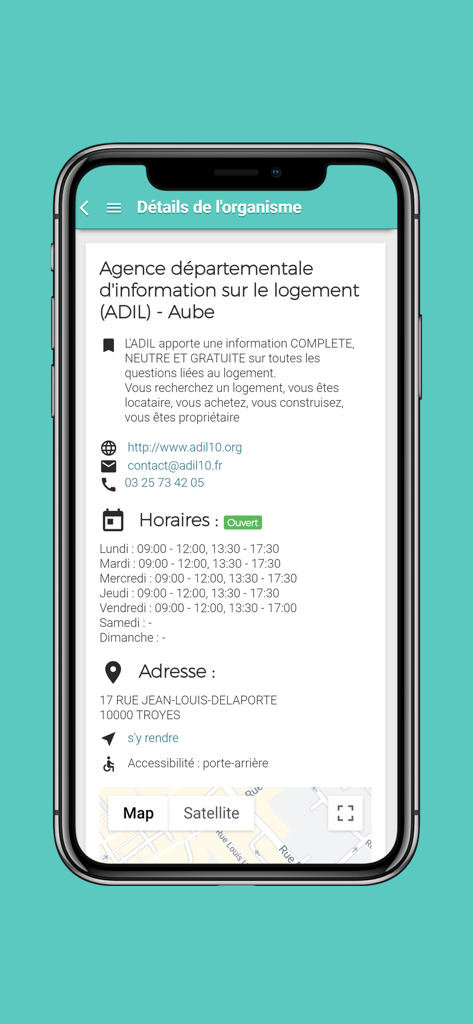 Maelis - Maelis app screen showing contact details and address for the housing agency ADIL Aube