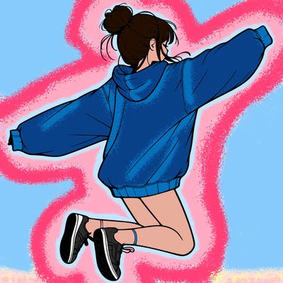 realistic girl jumping with a bun and oversized sweatshirt