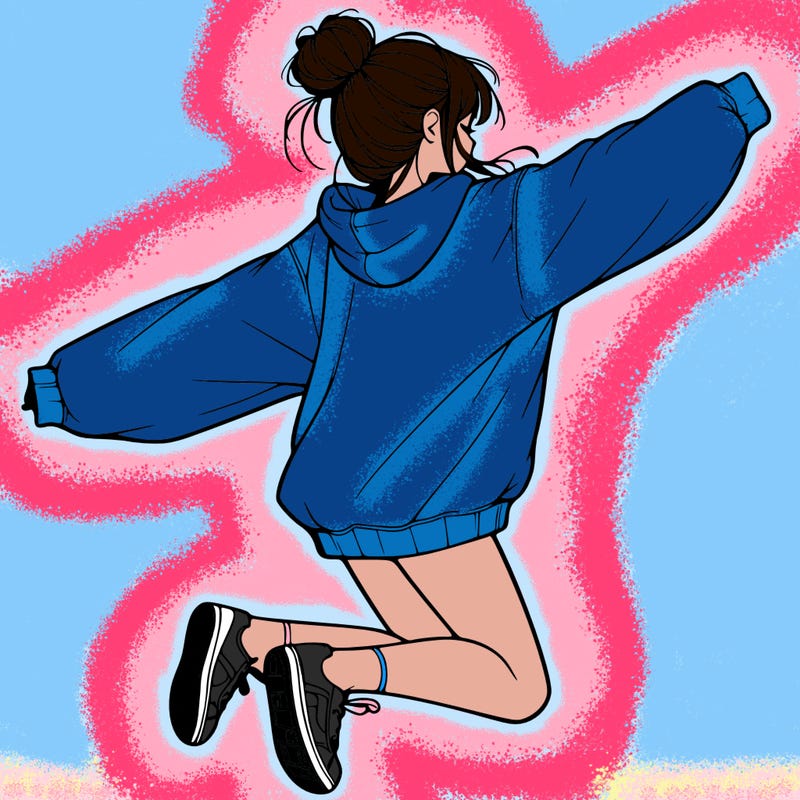 realistic girl jumping with a bun and oversized sweatshirt